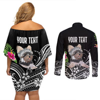 Personalised Polynesian Couples Matching Off Shoulder Short Dress and Long Sleeve Button Shirts With Yorkshire Terrier Floral Style LT7 - Wonder Print Shop