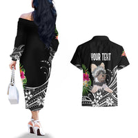 Personalised Polynesian Couples Matching Off The Shoulder Long Sleeve Dress and Hawaiian Shirt With Yorkshire Terrier Floral Style LT7 - Wonder Print Shop