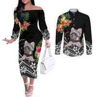 personalised-polynesian-couples-matching-off-the-shoulder-long-sleeve-dress-and-long-sleeve-button-shirts-with-yorkshire-terrier-floral-style