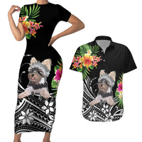 Personalised Polynesian Couples Matching Short Sleeve Bodycon Dress and Hawaiian Shirt With Yorkshire Terrier Floral Style LT7 - Wonder Print Shop