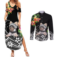 Black maxi dress and long-sleeve button shirt with Yorkshire terrier floral print