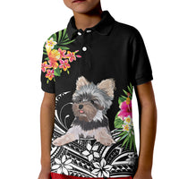 Kids black polo shirt with Yorkshire terrier graphic and tropical floral front