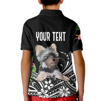 Kids black polo shirt back with 'YOUR TEXT' and Yorkshire terrier floral pattern