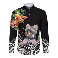 Personalised Polynesian Long Sleeve Button Shirt With Yorkshire Terrier Floral Style - Wonder Print Shop