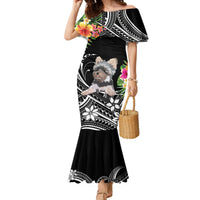 Black off-shoulder mermaid dress with white tribal print, flowers, and terrier graphic