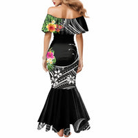 Black off-shoulder mermaid dress with back floral print and terrier-themed design