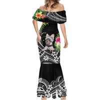 Black off-shoulder mermaid dress with terrier portrait, colorful flowers, and white motifs