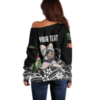 Personalised Polynesian Off Shoulder Sweater With Yorkshire Terrier Floral Style - Wonder Print Shop