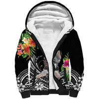Black sherpa hoodie with white fleece hood lining, front terrier floral Polynesian print