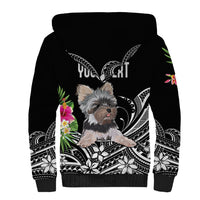 Black sherpa hoodie back with centered Yorkshire terrier, floral and tribal pattern