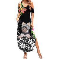 Women's black off-shoulder maxi dress with tropical dog and floral print