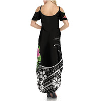 Women's black maxi dress back with thin straps and tropical dog floral print