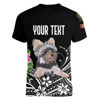 Personalised Polynesian Women V Neck T Shirt With Yorkshire Terrier Floral Style - Wonder Print Shop