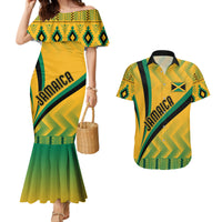 Yellow kente-style mermaid off-shoulder dress with Jamaica graphic, plus short-sleeve shirt
