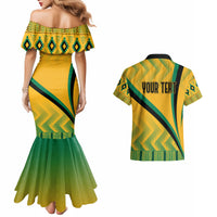 Yellow green off-shoulder mermaid dress with matching shirt reading 'YOUR TEXT'