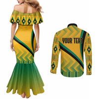 Couples mermaid dress and button shirt set, yellow-green Kente pattern, back shows 'Your Text'