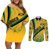 Personalised Jamaica Couples Matching Off Shoulder Short Dress and Long Sleeve Button Shirts Kente Pattern Basic - Yellow LT7 - Wonder Print Shop
