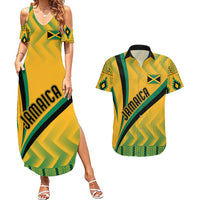 Yellow kente-pattern maxi dress and matching short-sleeve Hawaiian shirt with JAMAICA text