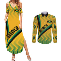 Personalized Jamaica kente set: yellow off-shoulder maxi dress & button-up long-sleeve shirt