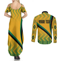 Back view: yellow kente off-shoulder maxi dress & long-sleeve button shirt with YOUR TEXT