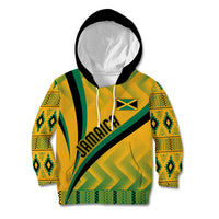 Kids yellow zip hoodie with green kente pattern, black hood, front Jamaica graphic.