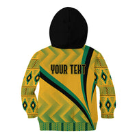 Kids yellow zip hoodie with green kente back panel, black hood, text YOUR TEXT.