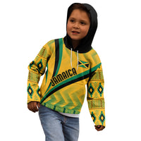 Kids yellow zip hoodie with green kente print, black hood, Jamaica logo on front.