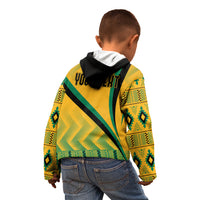 Kids yellow zip hoodie with green kente pattern, black hood, back shows YOUR TEXT.