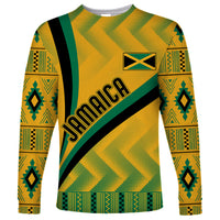 Long-sleeve shirt with yellow kente pattern, green accents, black diagonal stripe, Jamaica text