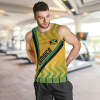 Men's yellow kente-pattern tank top with Jamaica graphic, worn with black shorts
