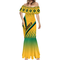 Yellow off-shoulder fitted mermaid dress with green kente yoke and gradient ruffle skirt