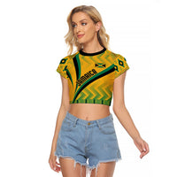 Yellow cropped raglan T-shirt with green Kente pattern and Jamaica graphic, black neckline