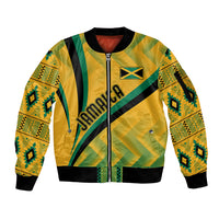 Yellow zip-up bomber jacket with green and black Kente pattern, ribbed cuffs and hem