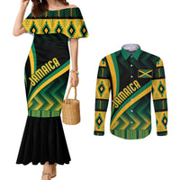 Couples set: off-shoulder mermaid dress and button-up shirt, kente print on black with Jamaica logo