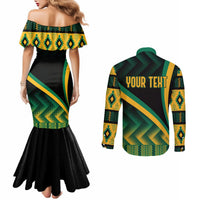 Mermaid dress and button-up shirt set, off-shoulder kente print; shirt back shows “YOUR TEXT”