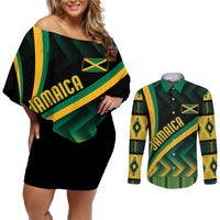 Personalised Jamaica Couples Matching Off Shoulder Short Dress and Long Sleeve Button Shirts Kente Pattern Basic - Black LT7 - Wonder Print Shop