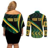 Personalised Jamaica Couples Matching Off Shoulder Short Dress and Long Sleeve Button Shirts Kente Pattern Basic - Black LT7 - Wonder Print Shop