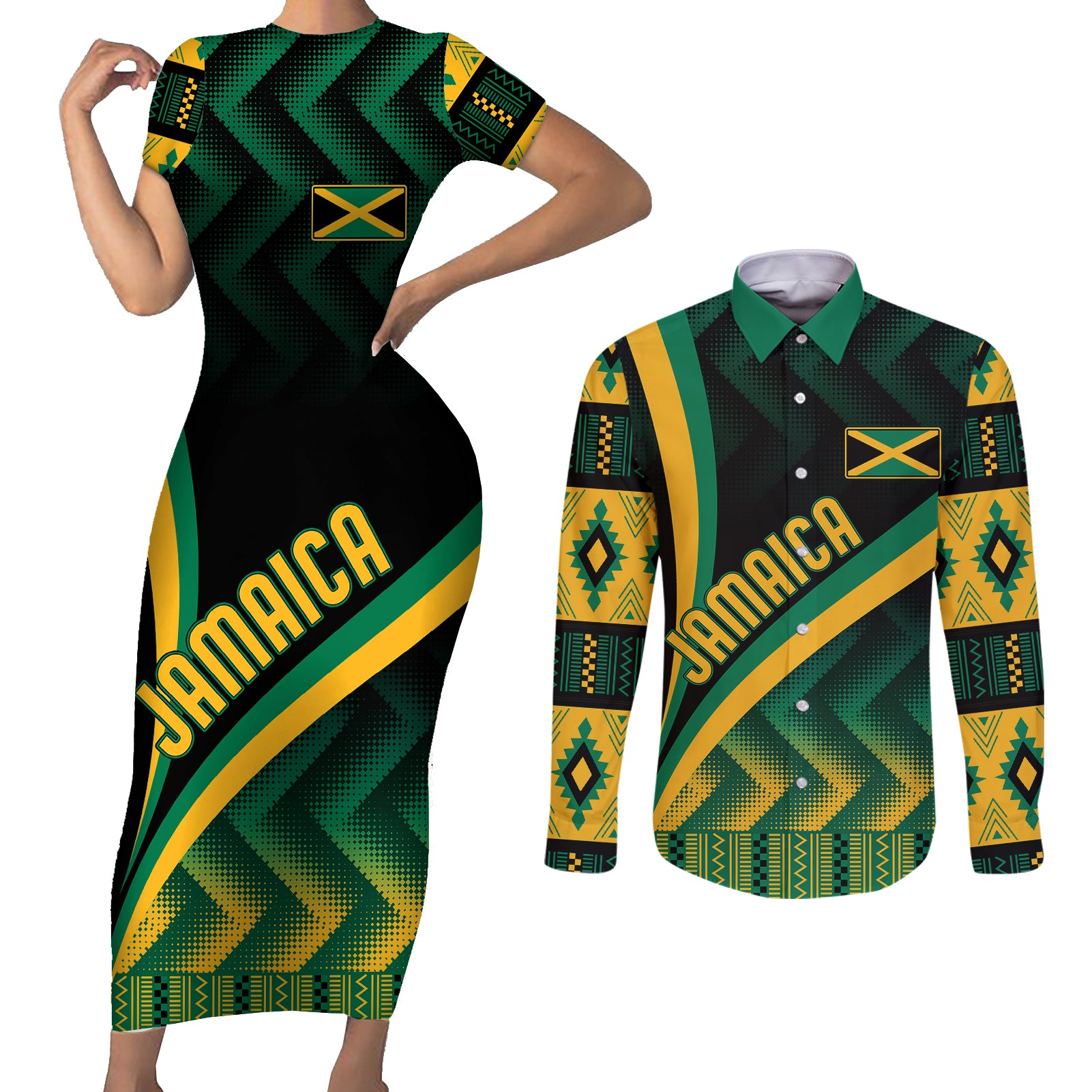 personalised-jamaica-couples-matching-short-sleeve-bodycon-dress-and-long-sleeve-button-shirts-kente-pattern-basic-black