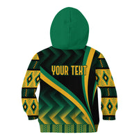 Kids' hoodie back with green hood, black base, yellow-green Kente print and 'YOUR TEXT'