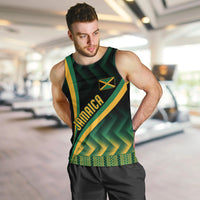 Men's black sleeveless tank top with Jamaica graphic and green-yellow kente pattern