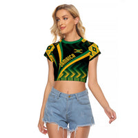 Black cropped raglan T-shirt with green and yellow Kente pattern front Jamaica print
