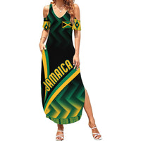 Women's off-shoulder maxi dress with green, yellow, and black kente-style pattern