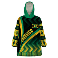 Wearable blanket hoodie with green hood, dark green/black kente Jamaica print