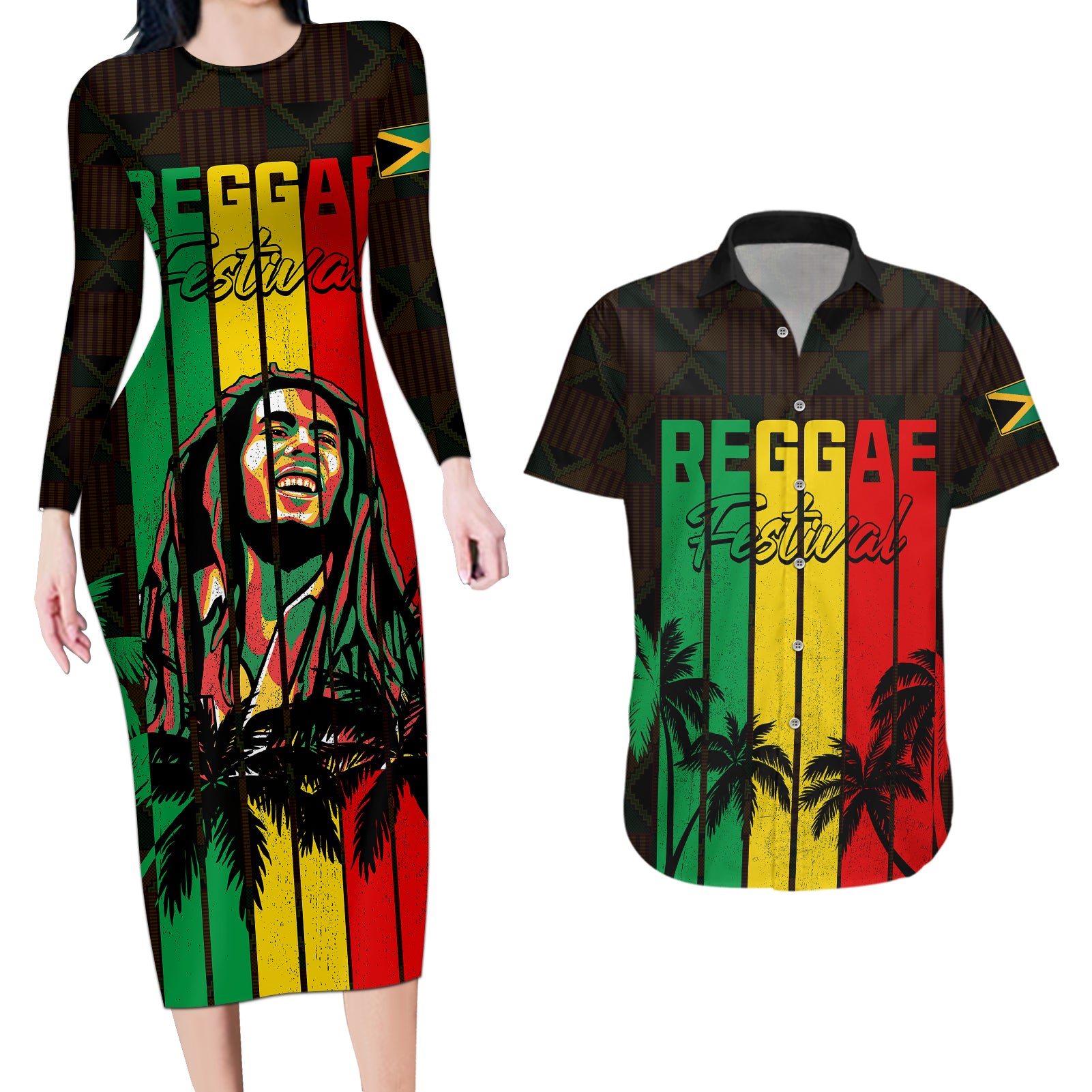 personalised-jamaica-couples-matching-long-sleeve-bodycon-dress-and-hawaiian-shirt-reggae-festival-bob-marley-abstract-portrait