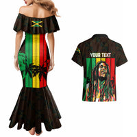 Reggae off-shoulder mermaid dress back view and matching Hawaiian short-sleeve shirt with text