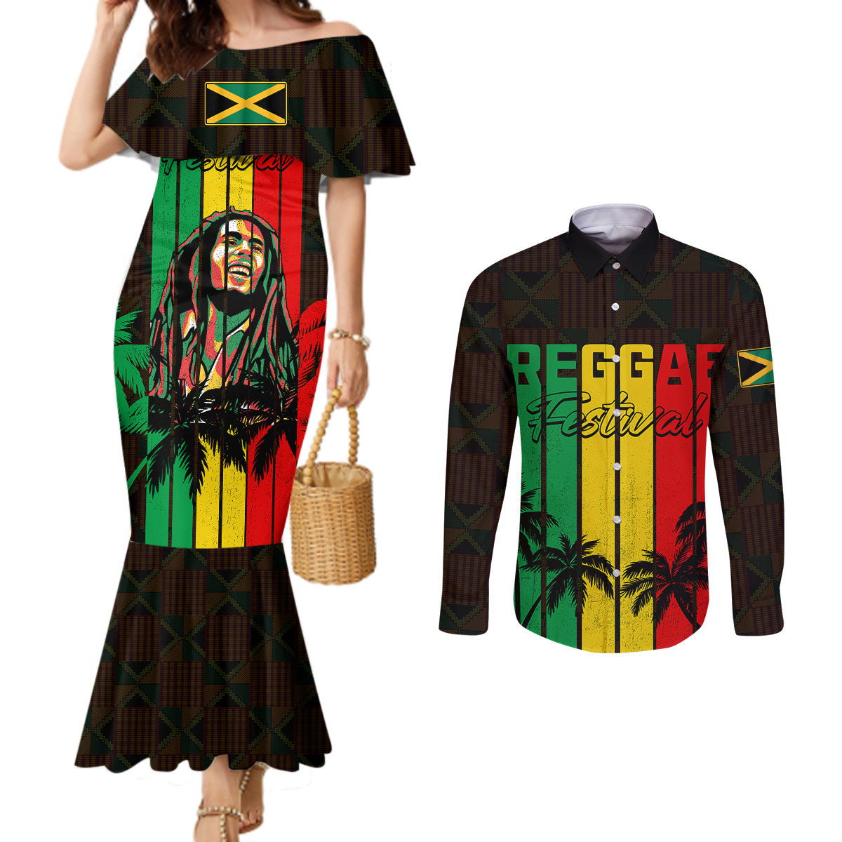 personalised-jamaica-couples-matching-mermaid-dress-and-long-sleeve-button-shirts-reggae-festival-bob-marley-abstract-portrait