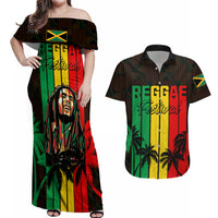 Personalised Jamaica Couples Matching Off Shoulder Maxi Dress and Hawaiian Shirt Reggae Festival Legend Bob Abstract Portrait LT7 - Wonder Print Shop