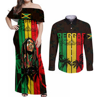 Personalised Jamaica Couples Matching Off Shoulder Maxi Dress and Long Sleeve Button Shirts Reggae Festival Legend Bob Abstract Portrait LT7 - Wonder Print Shop