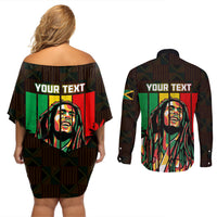 Personalised Jamaica Couples Matching Off Shoulder Short Dress and Long Sleeve Button Shirts Reggae Festival Legend Bob Abstract Portrait LT7 - Wonder Print Shop
