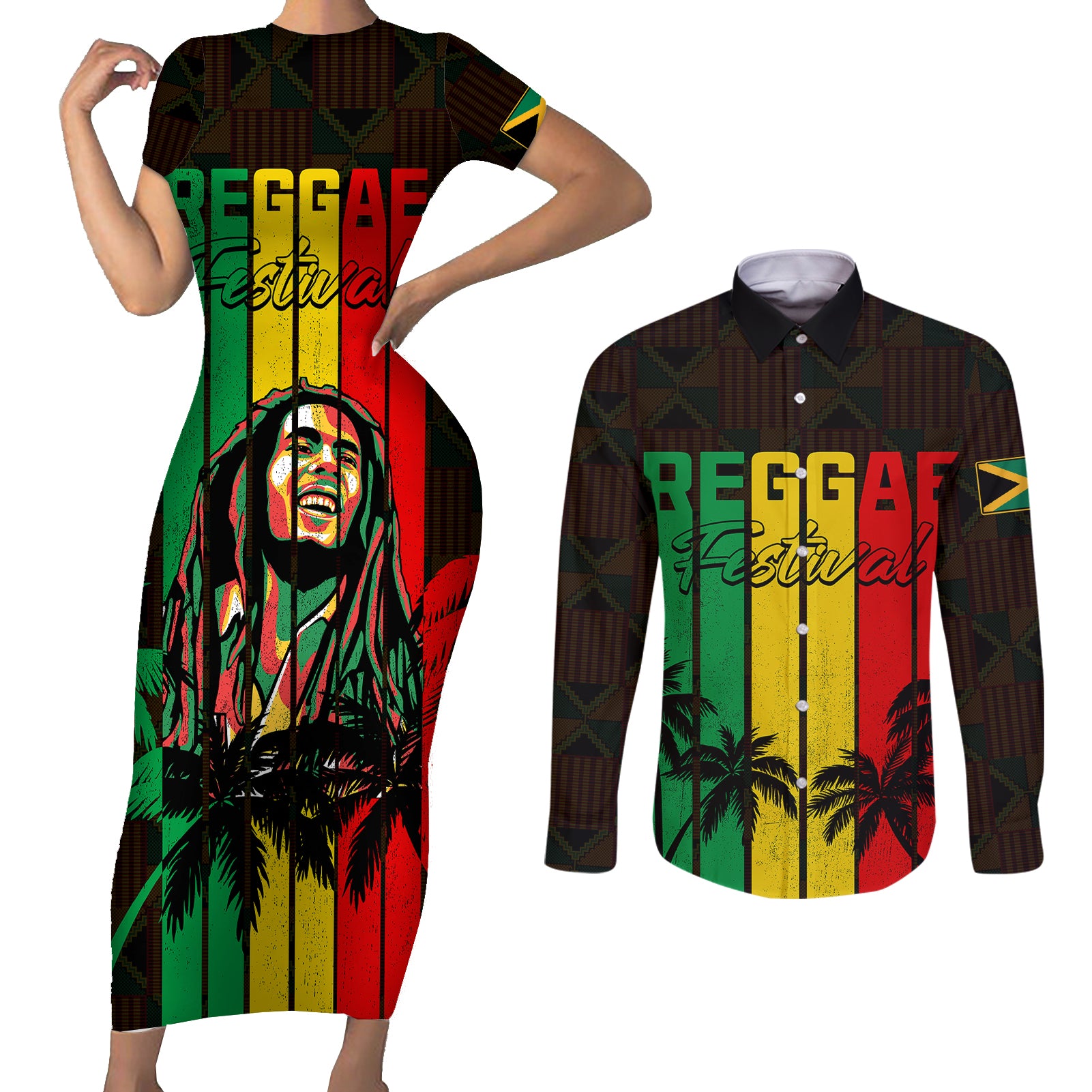 personalised-jamaica-couples-matching-short-sleeve-bodycon-dress-and-long-sleeve-button-shirts-reggae-festival-bob-marley-abstract-portrait